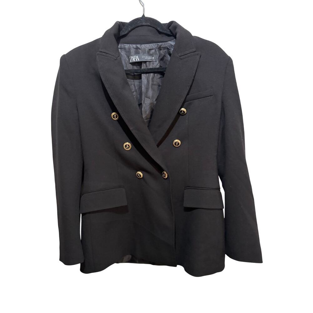 Zara Blazer Coat Lined Double Breasted Peak Lapel Black Size Medium